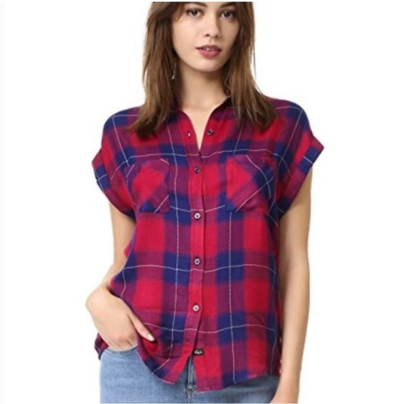 Rails Britt Ruby/Navy size medium cuffed short sleeve button up shirt - Picture 1 of 8